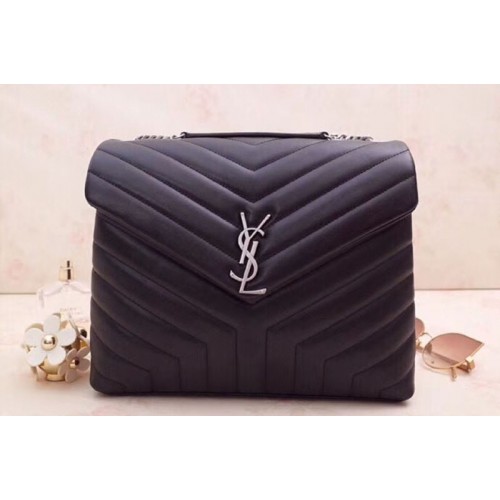 YSL Medium Loulou Chain Bags Black Leather Silver Hardware