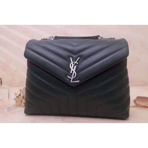 YSL Medium Loulou Chain Bags Dark Green Leather Silver Hardware