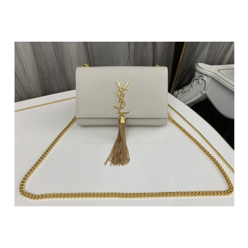 YSL KATE SMALL TASSEL bag IN White GRAIN DE POUDRE EMBOSSED LEATHER With Gold