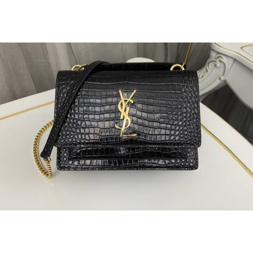 YSL SUNSET CHAIN WALLET Bag IN Black CROCODILE-EMBOSSED SHINY LEATHER Gold Buckle
