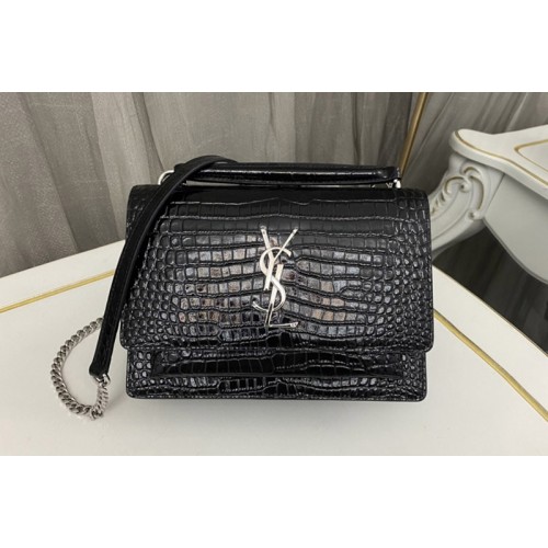 YSL SUNSET CHAIN WALLET Bag IN Black CROCODILE-EMBOSSED SHINY LEATHER Silver Buckle