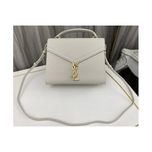 YSL CASSANDRA MEDIUM TOP HANDLE BAG IN White GRAIN DE POUDRE EMBOSSED LEATHER