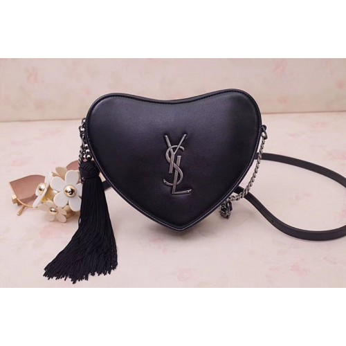 YSL Monogram Heart Cross Body Bags In Black Metallic Leather