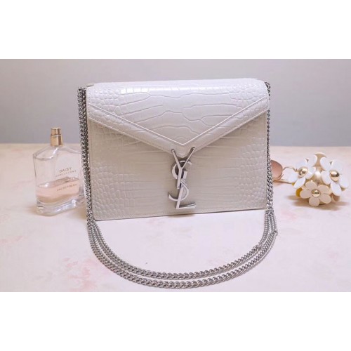 YSL Cassandra Monogram Clasp Bags In White Crocodile Embossed Shiny Leather YSL Cassandra Monogram Clasp Bags In White Crocodile Embossed Shiny Leather