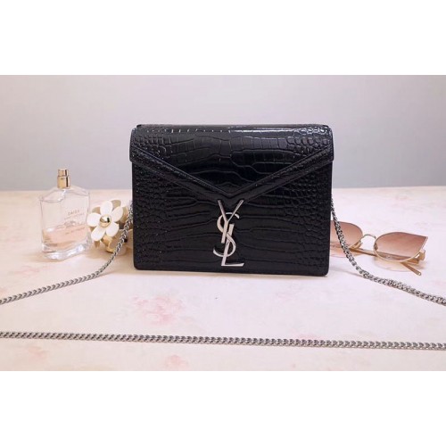 YSL Cassandra Monogram Clasp Bags In Black Crocodile Embossed Shiny Leather
