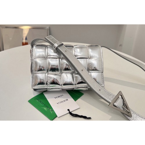 Bottega Veneta Small Padded Cassette Bag in Silver intreccio leather