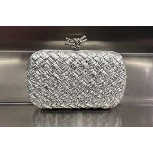 Bottega Veneta Knot clutch Bag in Silver Pressed intreccio laminated leather