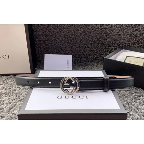 Womens Gucci 25mm Leather belt with Interlocking Silver G buckle in Black Leather Womens Gucci 25mm Leather belt with Interlocking Silver G buckle in Black Leather
