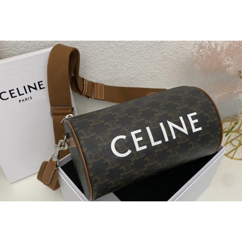 Celine CYLINDER BAG IN TRIOMPHE CANVAS XL WITH CELINE PRINT With Tan Calfskin Leather