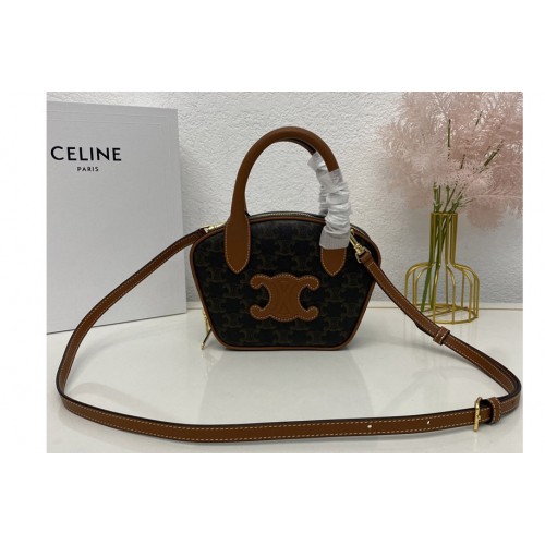 Celine MINI BOWLING BAG IN TRIOMPHE CANVAS AND TAN CALFSKIN Celine MINI BOWLING BAG IN TRIOMPHE CANVAS AND TAN CALFSKIN