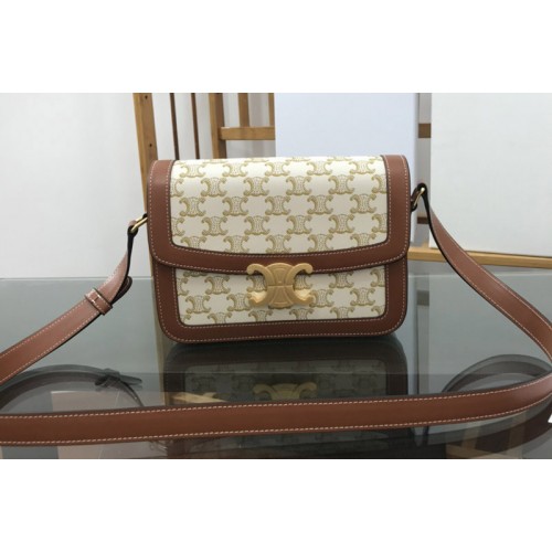Celine CLASSIQUE TRIOMPHE BAG IN White TRIOMPHE CANVAS AND Tan CALFSKIN