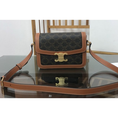 Celine CLASSIQUE TRIOMPHE BAG IN TRIOMPHE CANVAS AND Tan CALFSKIN