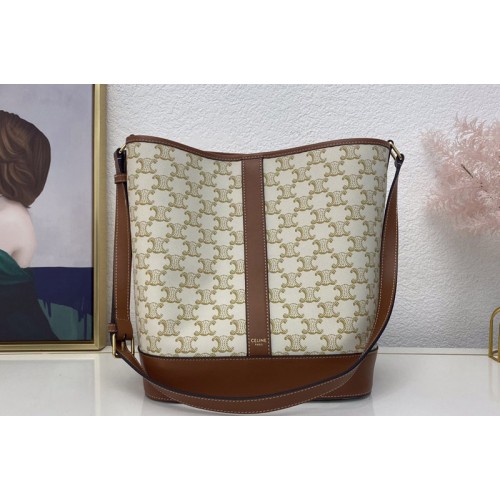 Celine MEDIUM BUCKET IN White TRIOMPHE CANVAS AND TAN CALFSKIN