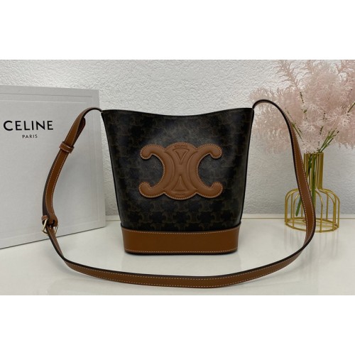 Celine SMALL BUCKET CUIR TRIOMPHE Bag IN TRIOMPHE CANVAS AND Tan CALFSKIN