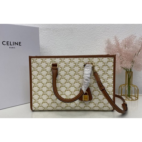 Celine MINI HORIZONTAL CABAS Bag IN White TRIOMPHE CANVAS AND Tan CALFSKIN