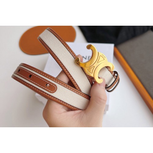 Celine 45B422 MEDIUM TRIOMPHE BELT IN White CANVAS AND Tan CALFSKIN