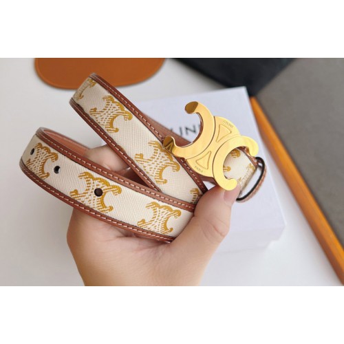 Celine 45B422 MEDIUM TRIOMPHE BELT IN White TRIOMPHE CANVAS AND Tan CALFSKIN
