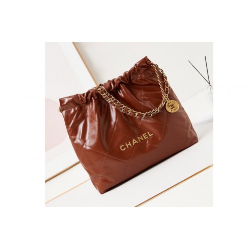 Chanel 22 Handbag AS3261  in Brown Shiny Calfskin