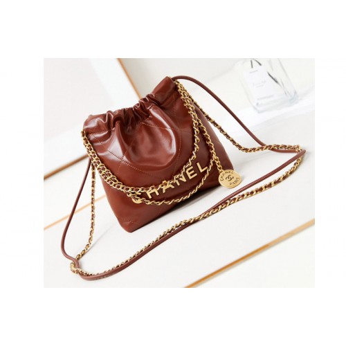 Chanel 22 Mini Handbag AS3980  in Brown Shiny Calfskin