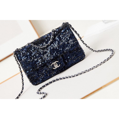 Chanel A69900 Mini Classic HandBag In Navy Blue Sequins