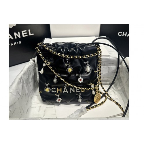 Chanel 22 Mini Handbag AS3980 in Black Shiny Lambskin