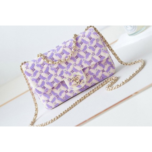 Chanel A69900 Mini Classic Handbag in Purple Embroidered Satin and Sequins