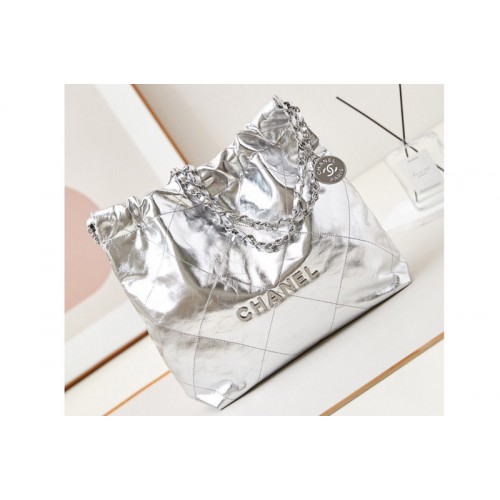 Chanel 22 Small Handbag AS3260 in Silver Shiny Calfskin