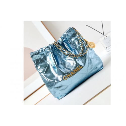 Chanel 22 Small Handbag AS3260 in Blue Shiny Calfskin Chanel 22 Small Handbag AS3260 in Blue Shiny Calfskin