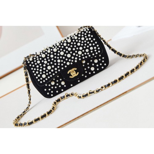 Chanel Mini Classic Handbag in Black Suede with Pearl