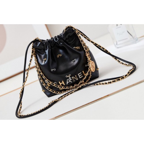 Chanel 22 Mini Handbag AS3980  in Black Shiny Lambskin