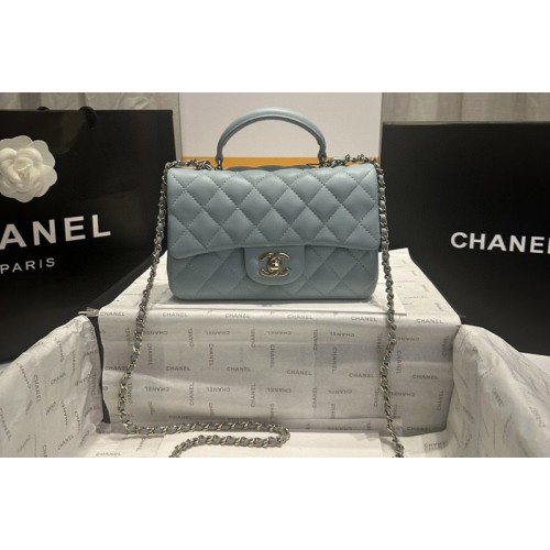 Chanel AS2431 Mini Classic Handbag with Top Handle in Light Blue Lambskin
