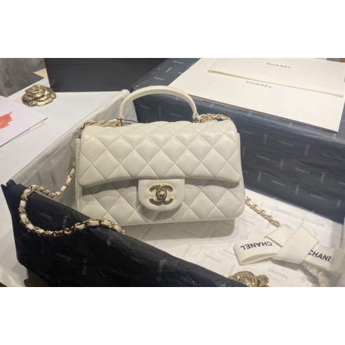 Chanel AS2431 Mini Classic Handbag with Top Handle in White Lambskin