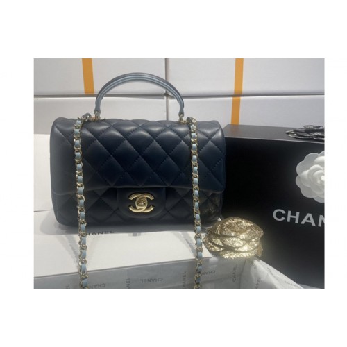 Chanel AS2431 Mini Classic Handbag with Top Handle in Navy Blue Lambskin