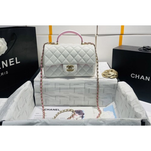 Chanel AS2431 Mini Classic Handbag with Top Handle in White Lambskin