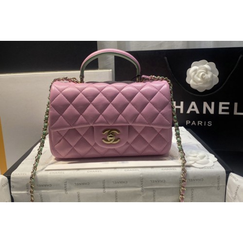 Chanel AS2431 Mini Classic Handbag with Top Handle in Pink Lambskin