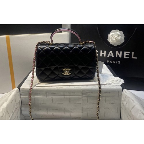Chanel AS2431 Mini Classic Handbag with Top Handle in Black Lambskin