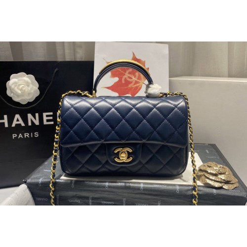 Chanel AS2431 Mini Classic Handbag with Top Handle in Navy Blue Lambskin