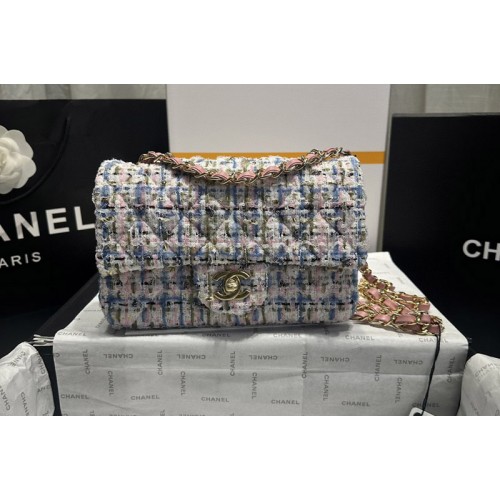 Chanel A69900 Mini Classic Bag in White/Blue/Pink Wool Tweed