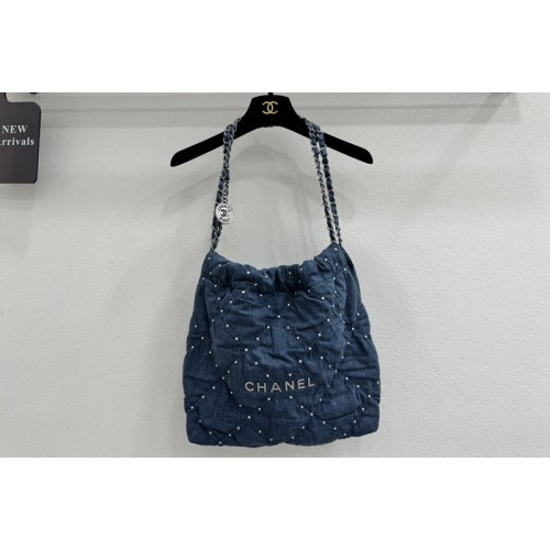 Chanel 22 Small Handbag AS3260 in Blue Washed Denim