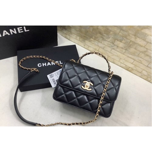 Chanel Mini Flap Bag with Top Handle in Black Lambskin