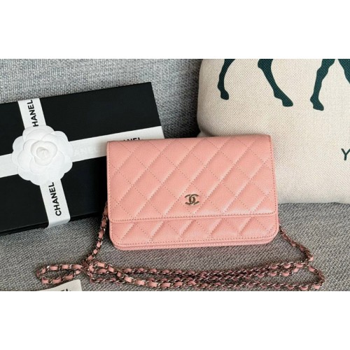 Chanel WOC Wallet on Chain Bag in Pink Grained Calfskin With Silver