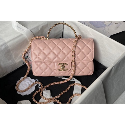 Chanel AS4924 Mini Flap Bag With Top Handle In Pink Shiny Lambskin
