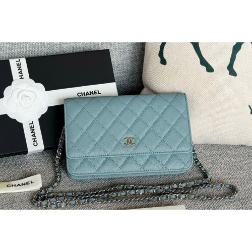 Chanel WOC Wallet on Chain Bag in Blue Grained Calfskin With Silver