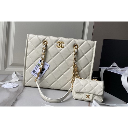 Chanel AS4940 Small Shopping Bag in White Grained Calfskin