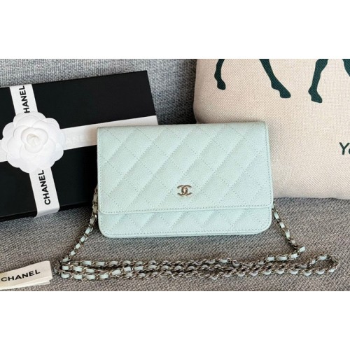 Chanel WOC Wallet on Chain Bag in Sky Blue Grained Calfskin With Silver