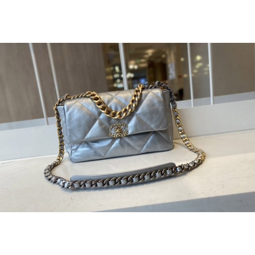 Chanel 19 Large Handbag AS1161 in Gray Lambskin Leather