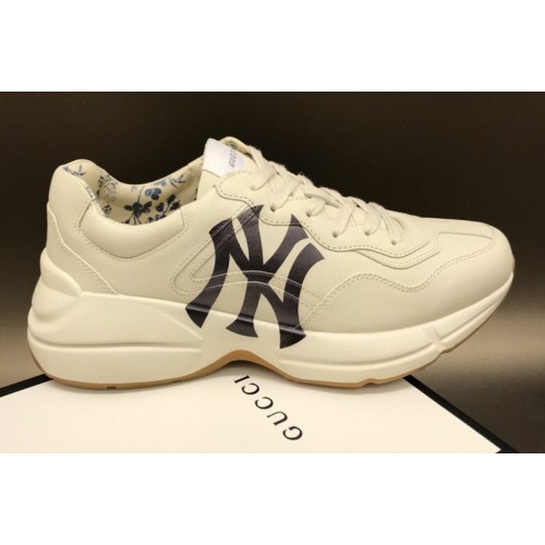 Women and Men Gucci Rhyton Ny Yankees Leather Sneakers in White Leather