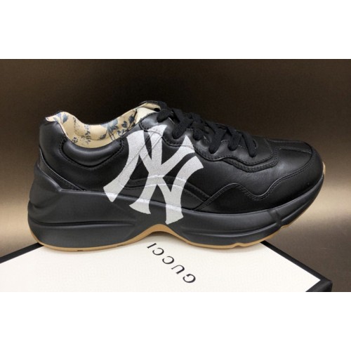 Women and Men Gucci Rhyton Ny Yankees Leather Sneakers in Black Leather