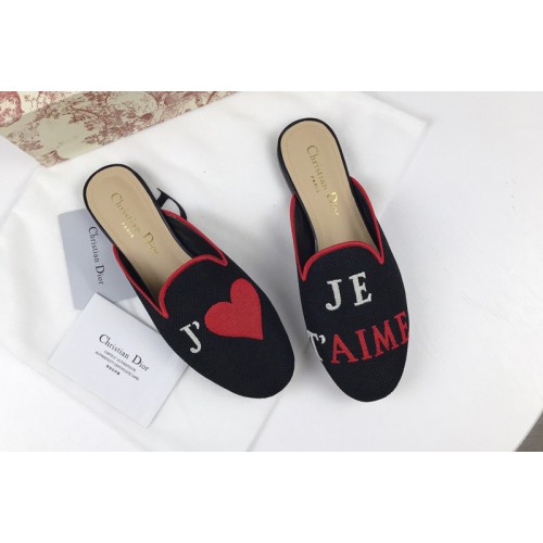 Womens Dior Baby-D Black Embroidered slippers and Shoes with je taime Embroidered