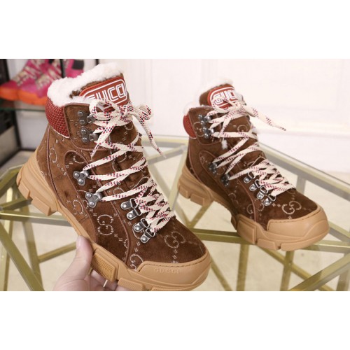 Mens Womens Gucci Flashtrek sneaker Brown Suede with shearling lining